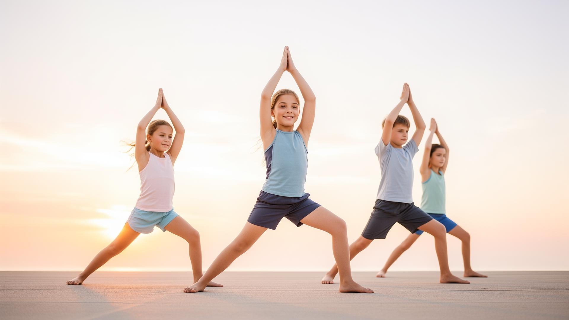 Young athlete in warrior yoga pose at sunrise